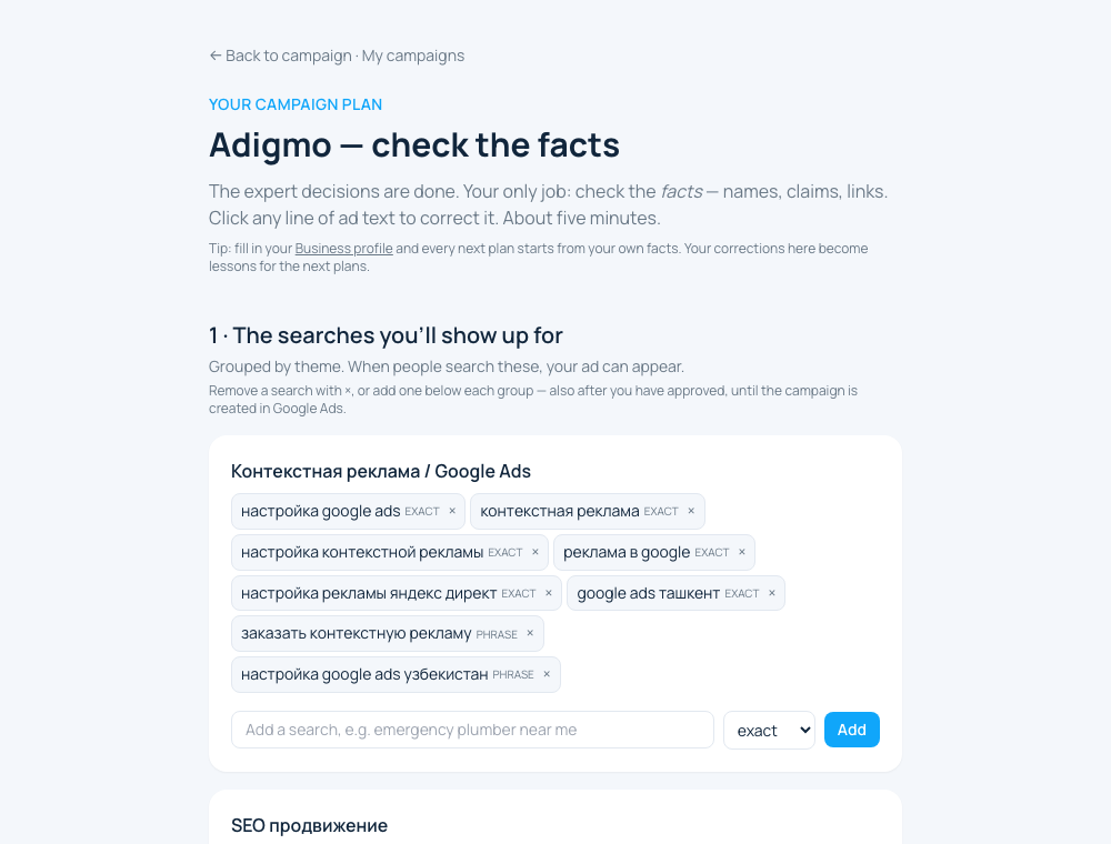 The page where you check a plan: the searches your ad will show for, what the ad says, where it runs and how much per day.